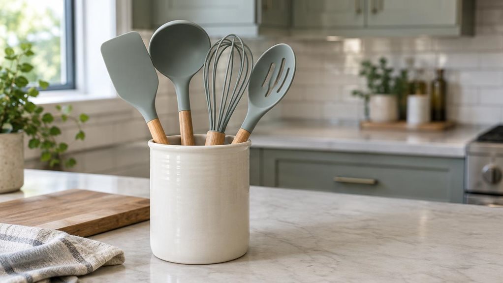 A photograph of a single silicone kitchen utensil set displayed in a clean, modern home kitchen, composed horizontally in a 16:9 landscape frame. A coordinated group of matte silicone tools—spatula, ladle, whisk, and slotted spoon—rests upright in a simple ceramic crock on a pale stone countertop, clearly presented as the hero of the scene. Nearby, a wooden cutting board and a folded linen towel add casual, lived-in detail without distracting from the utensils. Soft window li