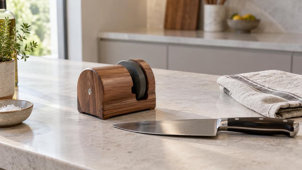 A photograph of a walnut roller knife sharpener resting on a pale stone countertop in a calm, modern kitchen, composed as a horizontal 16:9 landscape scene. The compact wooden roller and its dark sharpening disc are the clear hero, positioned beside a single chef’s knife and a folded linen towel, with a few understated kitchen details nearby. The arrangement feels naturally lived-in and casually observed, not staged mid-action. Warm walnut grain contrasts with cool stone and 