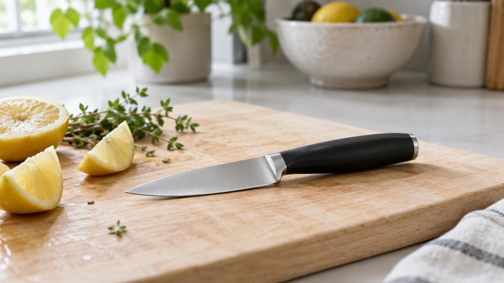 A photograph of a single 10 cm paring knife resting naturally on a pale wooden cutting board in a bright, modern home kitchen. The knife is the clear hero, shown at a slight diagonal with its compact stainless-steel blade and smooth, dark handle in crisp detail. A few freshly cut citrus wedges and a sprig of herbs sit nearby, suggesting everyday kitchen use without making the scene feel staged or mid-action. Soft window light falls across the board, creating gentle highlights