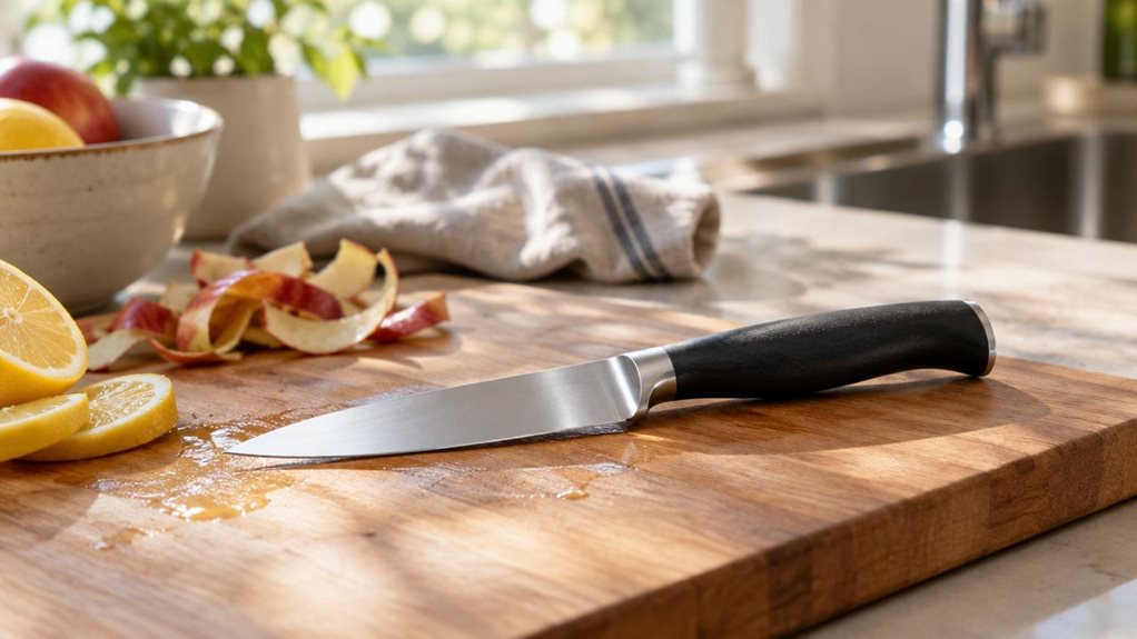 A photograph of a HOSHANHO 10cm paring knife resting on a wooden cutting board in a sunlit kitchen, positioned horizontally in a 16:9 landscape frame. The knife lies diagonally across the board, its polished blade catching soft morning light streaming through a nearby window, highlighting the fine edge and subtle reflections along the steel. The handle, ergonomically curved and finished in a matte dark tone, shows faint texture details suggesting grip comfort. Beside the knif