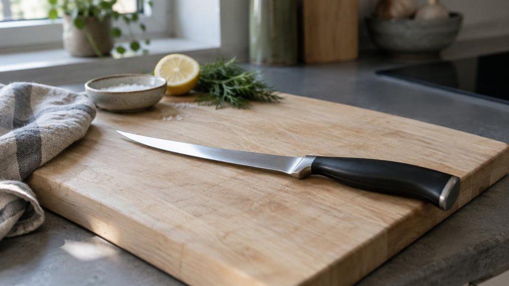 A photograph of a single 18 cm filleting knife resting diagonally on a pale wooden cutting board in a calm, modern home kitchen. Its slim, gently curved stainless-steel blade catches a soft strip of window light, while the dark, ergonomic handle sits near the board’s edge. A folded linen towel and a small ceramic dish sit nearby, suggesting a natural place for fish preparation without making the scene feel staged. In the softly blurred background, muted kitchen surfaces and a