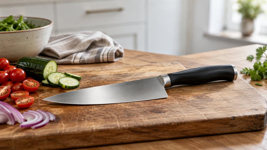 A photograph of a single 18 cm chopping knife resting naturally on a well-worn wooden cutting board in a bright, modern home kitchen. The knife is the clear hero, its broad stainless-steel blade and smooth dark handle rendered with realistic detail, angled casually beside a few freshly cut vegetables. A folded linen towel and a ceramic bowl sit nearby, adding an understated, lived-in feel without distracting from the product. The scene is horizontally composed in a 16:9 lands