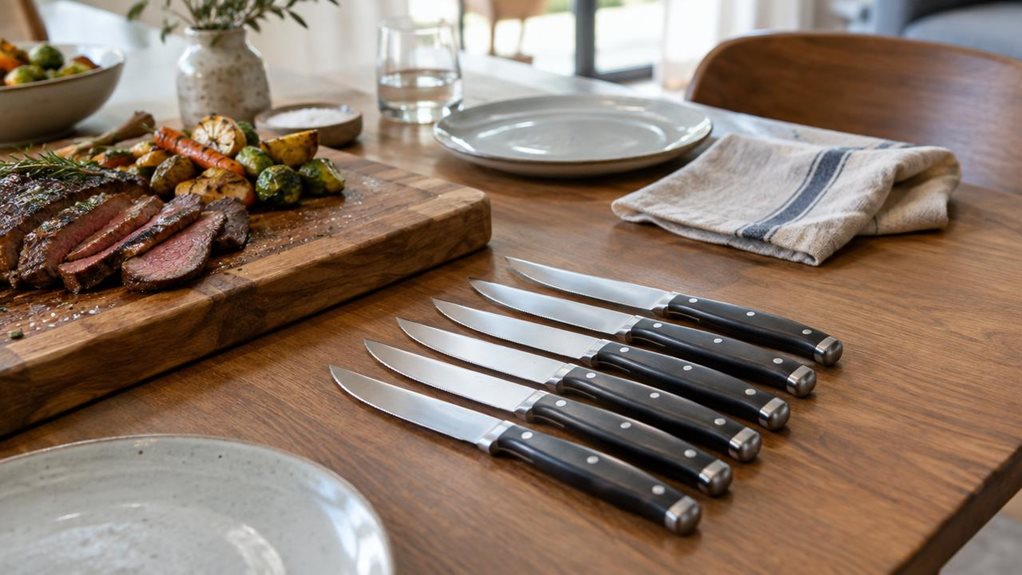 A photograph of a six-piece steak knife set arranged neatly beside a wooden serving board on a modern dining table, composed horizontally in a 16:9 landscape frame. The knives are the clear hero, their sleek stainless-steel blades and dark, ergonomic handles catching soft highlights. A few slices of cooked steak, roasted vegetables, and a folded linen napkin sit nearby, suggesting a relaxed meal without making the scene feel staged. The setting is a contemporary home dining a