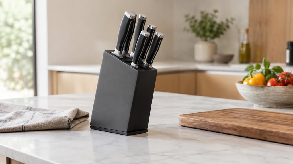 A photograph of a sleek, modern knife block set displayed naturally on a clean kitchen countertop in a bright, contemporary home, framed in a horizontal 16:9 landscape composition. The single product sits beside a subtle arrangement of everyday cooking elements—a folded linen towel, a wooden cutting board, and a bowl of fresh produce—creating a calm, lived-in atmosphere without any sense of staged action. Soft morning light streams in from an off-frame window, casting gentle 