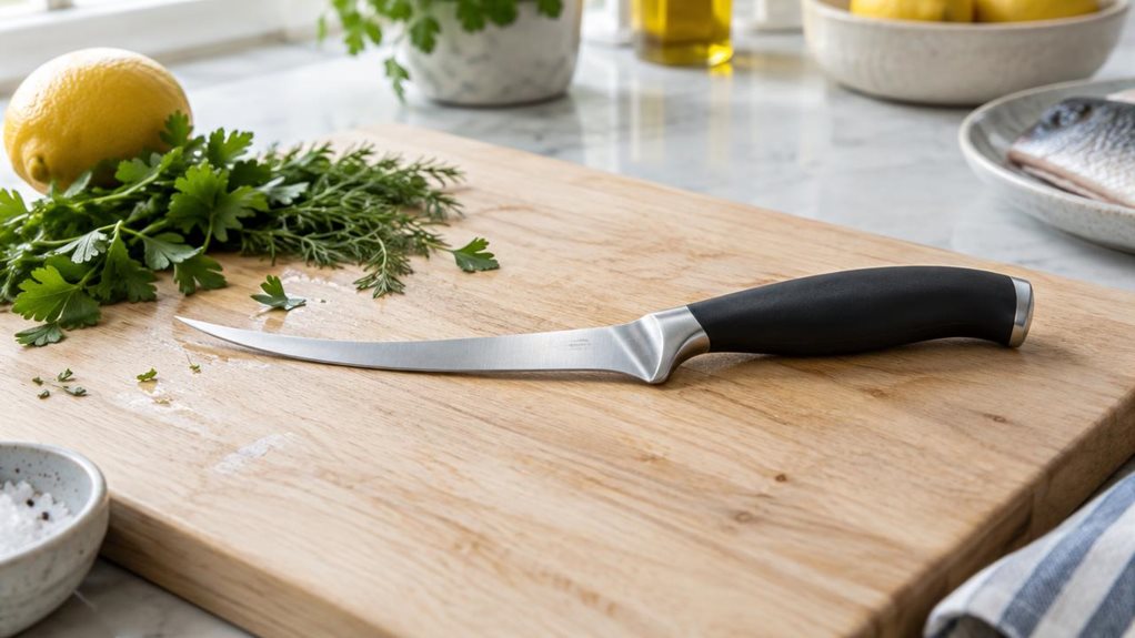A photograph of a single 15 cm boning knife resting naturally on a pale wooden cutting board in a bright, modern kitchen. Its slim, gently curved stainless-steel blade and dark ergonomic handle are clearly visible, with a few fresh herbs and a lemon nearby suggesting a fish-preparation setting without showing any activity. The knife is the hero of a horizontally composed 16:9 landscape scene, photographed from a relaxed, slightly elevated angle as if casually captured with a 