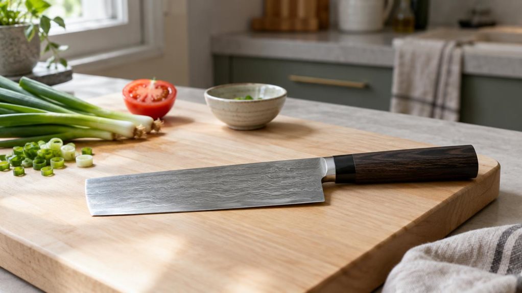 A photograph of a single Japanese-style nakiri knife resting on a pale wooden cutting board in a calm, modern home kitchen, composed as a horizontal 16:9 landscape scene. Its broad, rectangular blade has a realistic layered Damascus pattern and a subtle satin sheen, while the dark wood handle sits naturally at the edge of the board. Nearby, a few neatly arranged scallions, a halved tomato, and a small ceramic bowl suggest everyday kitchen use without implying that anyone is m