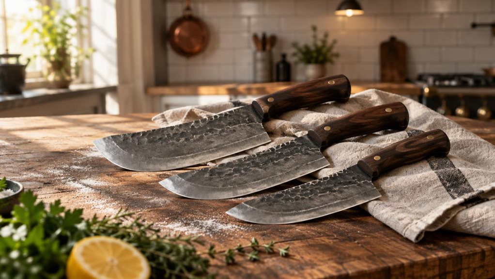 A photograph of a 3-piece Serbian-style butcher knife set resting on a weathered wooden butcher block in a sunlit kitchen. The knives, with their wide, curved carbon-steel blades and dark walnut handles, are arranged in a loose fan pattern atop a linen cloth, catching warm afternoon light that streams in from a nearby window. Faint wisps of flour dust the countertop, and a scattering of fresh herbs and a halved lemon sit just out of focus in the foreground, adding color and d