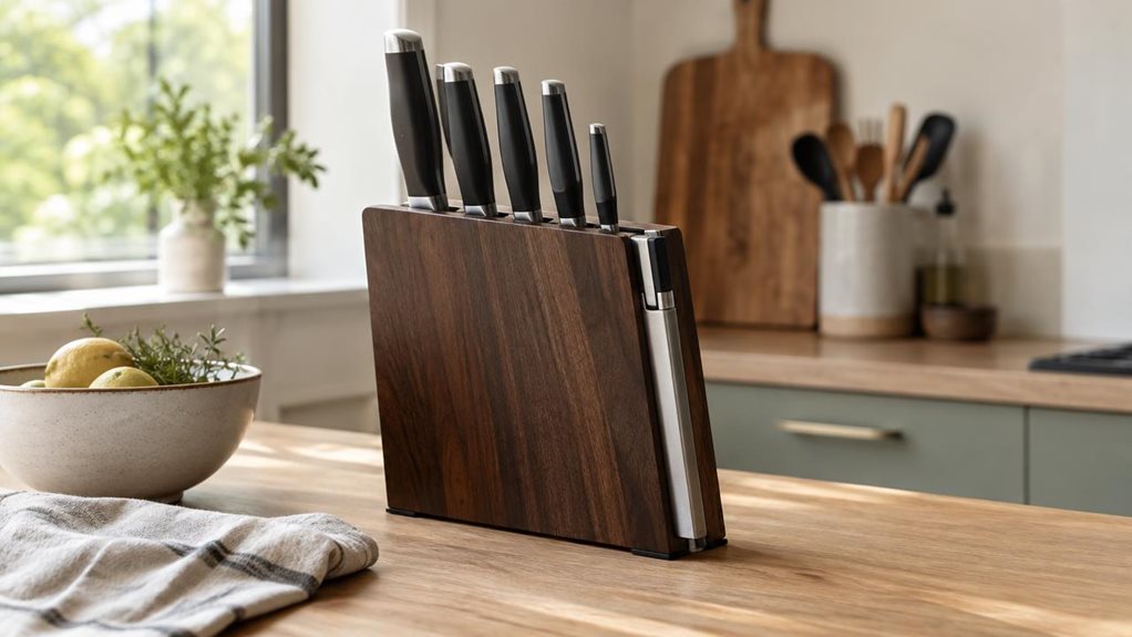 A photograph of a sleek magnetic knife block with an integrated sharpener resting naturally on a light oak kitchen counter in a modern, softly styled home kitchen. The scene is horizontally composed in a 16:9 landscape frame, captured like a candid lifestyle shot with a high-end camera: the product sits slightly off-center beside a ceramic bowl, a linen dish towel, and a blurred cutting board in the background. Warm natural daylight streams in from a nearby window, creating g