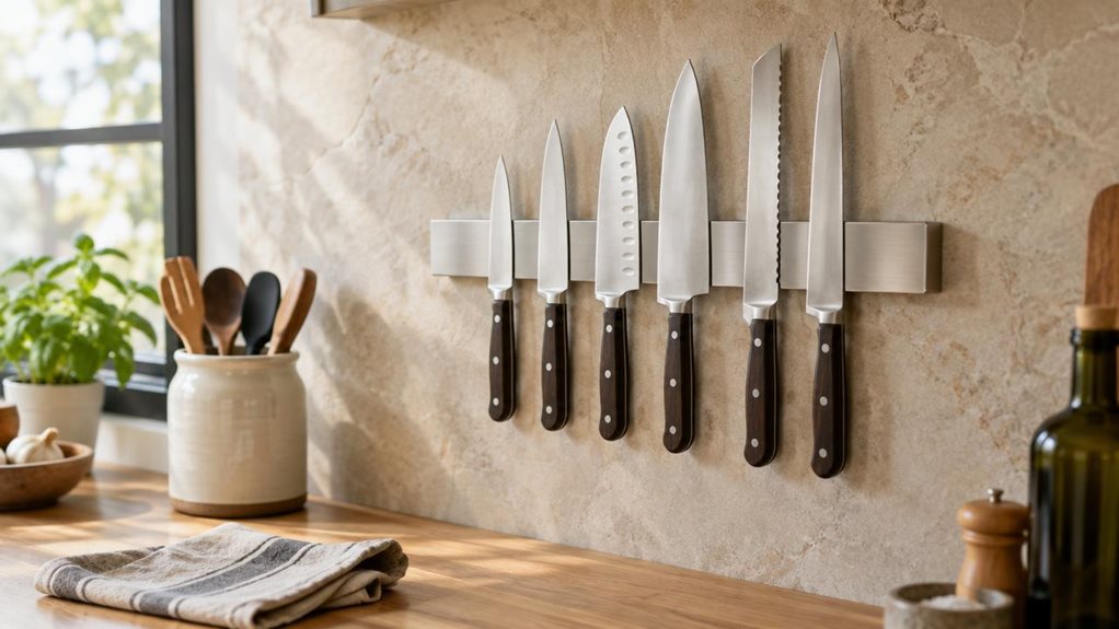A photograph of a single magnetic knife holder mounted on a warm, pale stone kitchen backsplash, composed horizontally in a 16:9 landscape frame. The slim brushed-metal bar is the clear hero, holding a neat row of realistic kitchen knives with dark wooden handles and clean steel blades. Below it, a light oak counter, a ceramic utensil crock, and a folded linen towel establish a lived-in, modern kitchen without distracting from the product. The scene feels candid and observati
