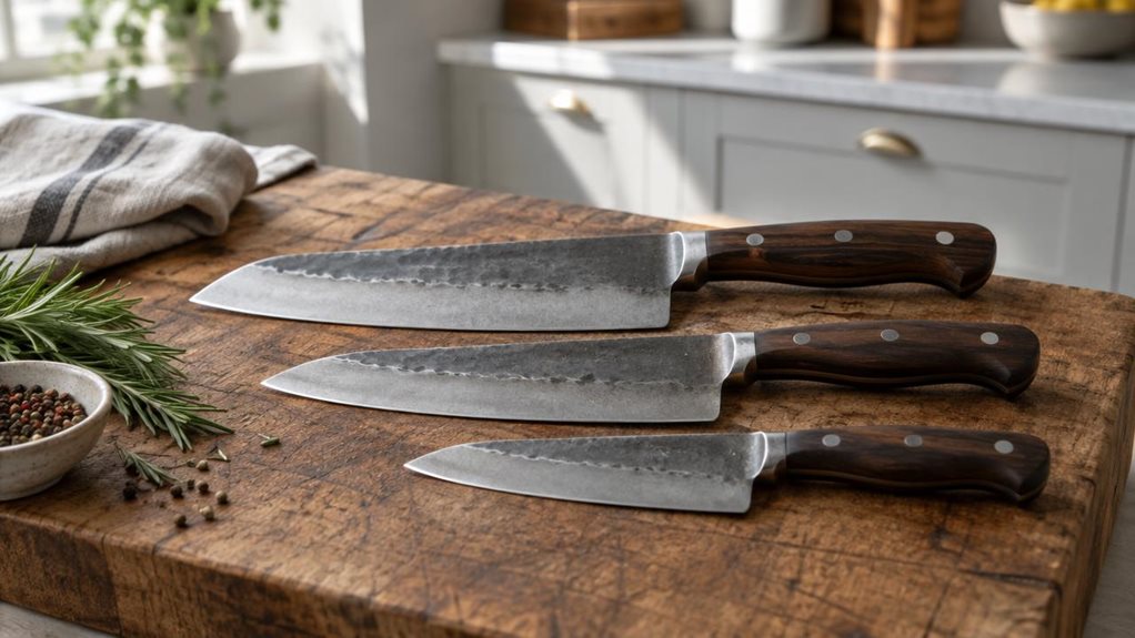 A photograph of a three-piece Serbian butcher knife set arranged on a thick, well-worn wooden cutting board in a calm, modern home kitchen. The horizontally composed 16:9 landscape scene shows the knives resting naturally side by side, their broad, forged steel blades catching soft window light and their dark wooden handles revealing subtle grain and rivet details. A folded linen towel, a few sprigs of rosemary, and a small bowl of peppercorns sit nearby, suggesting everyday 