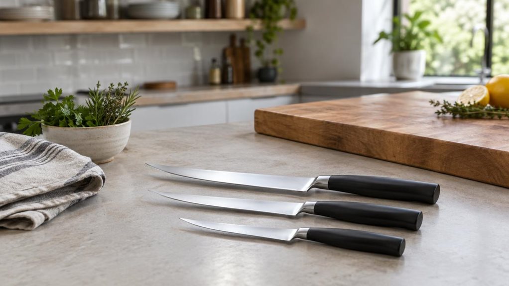 A photograph of a single three-piece filleting knife set arranged neatly on a pale stone kitchen counter beside a wooden cutting board, in a calm, modern home kitchen. The three knives have slim, gently curved stainless-steel blades in graduated lengths and understated dark handles, with no visible branding. A folded linen towel and a small bowl of fresh herbs sit nearby, suggesting everyday food preparation without showing anyone in action. The knives are the clear focus, th