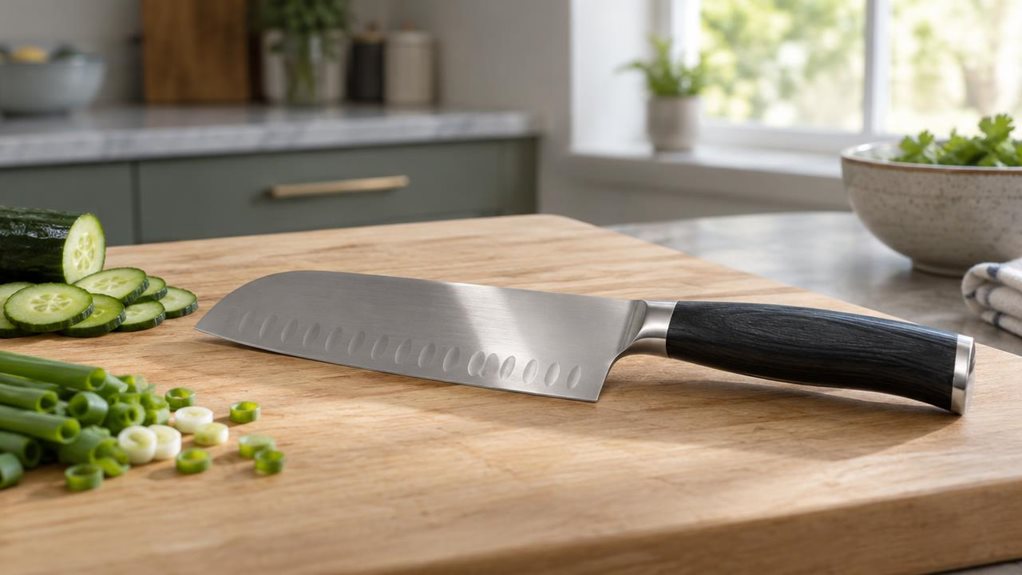 A photograph of a single Santoku knife resting on a pale wooden cutting board in a calm, modern home kitchen, composed horizontally in a 16:9 landscape frame. The knife is the clear hero, its broad stainless-steel blade and dark, textured handle rendered with realistic detail; the blade catches a subtle band of window light. A few neatly arranged slices of cucumber and scallion sit nearby, suggesting everyday kitchen use without showing anyone cooking. In the softly blurred b