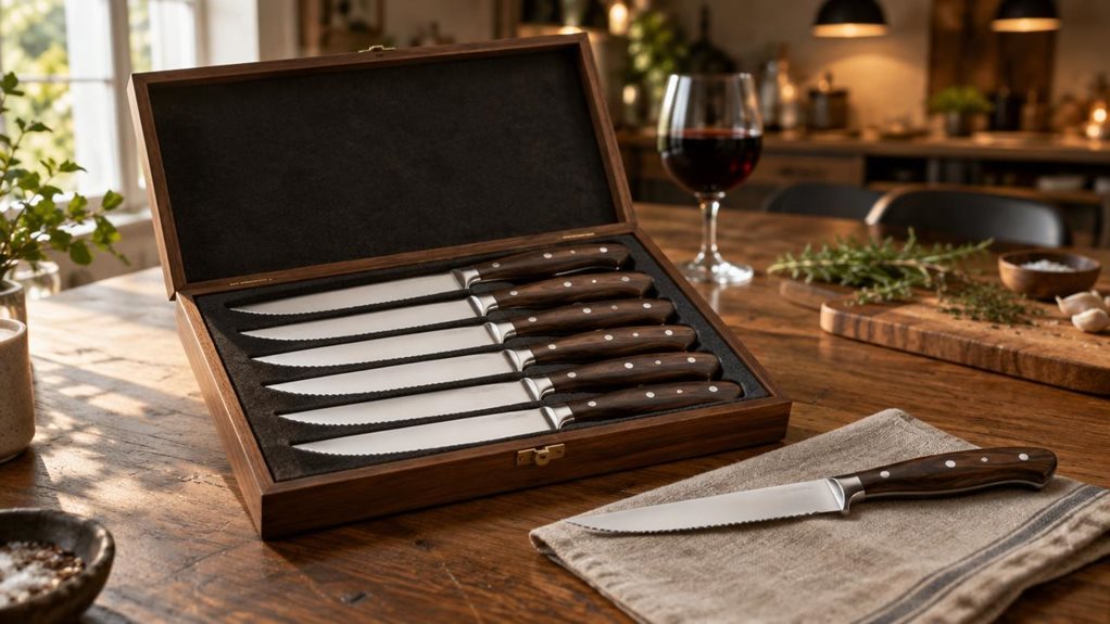 A photograph of a HOSHANHO steak knife 6-piece set arranged on a wooden dining table, captured in a horizontally composed 16:9 landscape frame. The knives rest neatly in an open wooden presentation box lined with felt, their polished blades catching soft, natural window light that streams in from the left side of the frame. One knife lies slightly apart from the set atop a linen napkin, as if just examined, its serrated edge glinting subtly. The handles show a dark, ergonomic