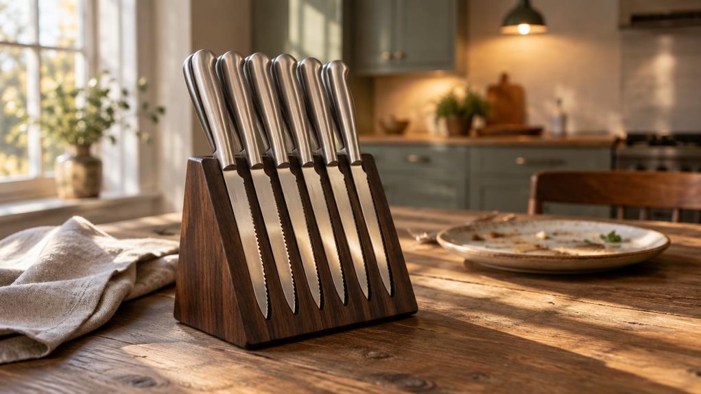 A photograph of a seven-piece steak knife set displayed on a rustic wooden dining table, the blades catching warm, natural light streaming in from a nearby window. The knives are arranged neatly in a wooden storage block with slanted slots, dark wood grain contrasting against the brushed stainless steel handles and finely serrated blades. A linen napkin is loosely folded beside the block, and a single ceramic plate with the faint remains of a meal sits softly blurred in the b