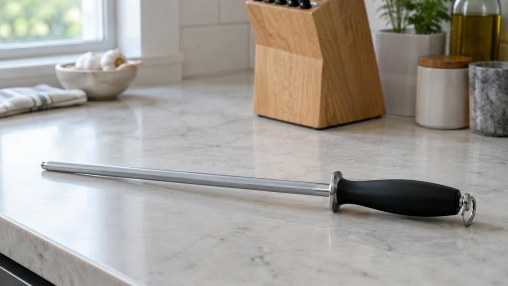 A photograph of a single sharpening steel resting diagonally on a pale stone kitchen countertop, its long, finely textured metal rod and smooth dark handle clearly visible. A simple wooden knife block and a few softly blurred kitchen essentials sit in the background, placing the tool naturally in a calm, modern home kitchen. The horizontally composed 16:9 landscape scene feels candid and observational, as though casually captured with a high-end camera between cooking tasks; 