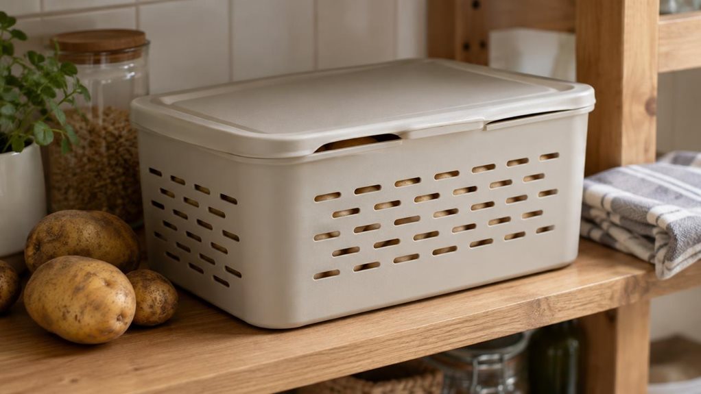 A photograph of a single unbranded potato storage box with a fitted lid, shown in a horizontally composed 16:9 landscape scene. The sturdy, ventilated box sits naturally on a kitchen pantry shelf beside a few loose potatoes, with its lid resting securely in place and a subtle opening that hints at the contents. Warm wood shelving, a pale tiled wall, and a folded linen tea towel create a calm, modern home setting. The box is the clear hero, captured from a slightly elevated th