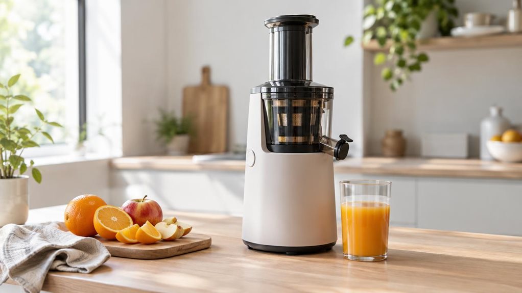 A photograph of a sleek, modern slow juicer set on a light wood kitchen counter in a bright, airy home kitchen, framed in a horizontal 16:9 landscape composition. The product is the clear focal point, positioned naturally beside a glass of fresh juice, a small cutting board with a few neatly sliced oranges and apples, and a linen towel, suggesting a quiet everyday breakfast routine rather than an active demonstration. The scene feels candid and observational, as if casually c