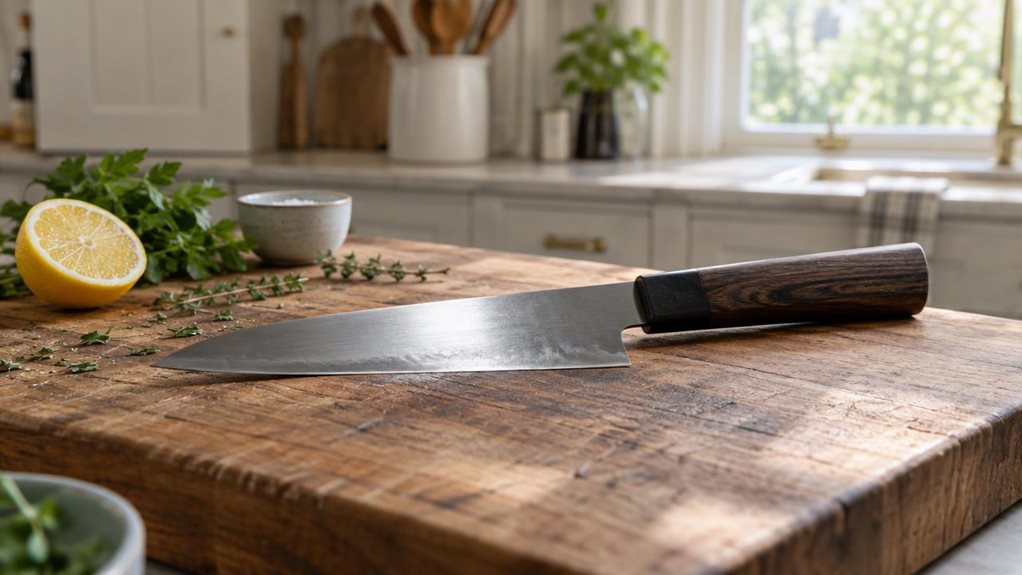 A photograph of a single Japanese-style chef’s knife resting naturally on a well-worn wooden cutting board in a calm, modern home kitchen. The horizontally composed 16:9 landscape scene frames the knife as the clear hero, its long, finely honed steel blade catching a soft stripe of window light and its sculpted dark wooden handle showing subtle grain and craftsmanship. A few understated ingredients—a halved lemon, scattered herbs, and a small bowl of salt—sit nearby, suggesti