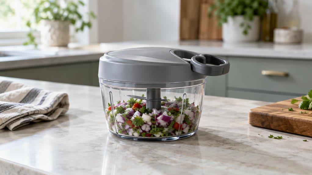 A photograph of a single manual pull-cord food chopper resting on a pale stone kitchen countertop, composed as a horizontal 16:9 landscape scene. The clear bowl reveals roughly chopped red onion, green herbs, and a few pieces of pepper, while the fitted lid and small pulley handle are plainly visible. A folded linen tea towel and a wooden cutting board sit nearby, suggesting an everyday home kitchen without cluttering the frame. The chopper is the clear hero, shown in a relax