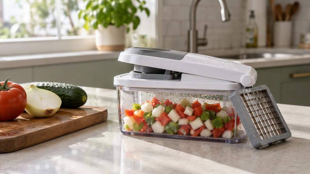 A photograph of a white-and-gray 7-in-1 vegetable chopper resting on a pale quartz kitchen countertop, positioned slightly right of center in a horizontal 16:9 frame. The chopper's clear plastic container catches the soft morning light streaming through a nearby window, revealing freshly diced bell peppers and onions inside. Beside it, a wooden cutting board holds a few uncut vegetables—a tomato, half an onion, and a cucumber—suggesting the tool was just set down after use. T