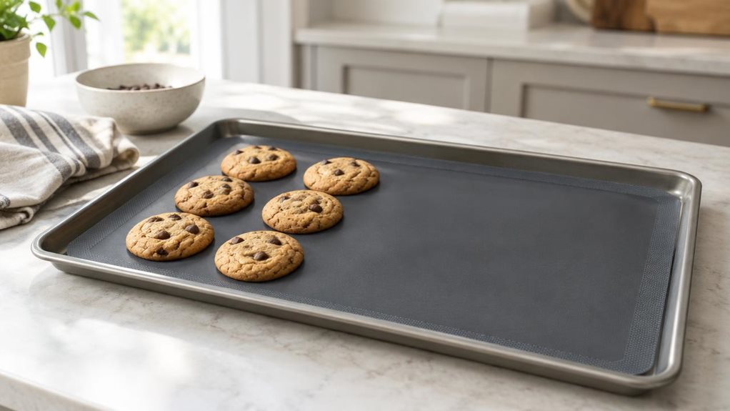 A photograph of a single non-stick cooking mat laid flat on a baking tray in a bright, modern home kitchen, composed as a horizontal 16:9 landscape scene. The charcoal-gray mat is the clear hero, its smooth silicone surface and gently textured edges visible in crisp detail. A few neatly arranged, freshly baked cookies rest on one side, while the rest of the mat remains clean and unobstructed. The tray sits on a pale stone countertop beside a folded linen towel and a simple ce