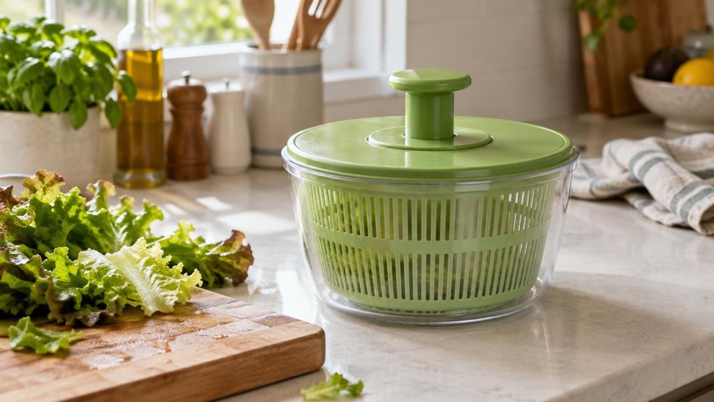 A photograph of a single compact, green 16 cm salad spinner resting on a bright kitchen counter beside a wooden chopping board and a loose handful of fresh lettuce leaves. The spinner’s clear bowl reveals its simple inner basket, while the matching green lid and central handle catch the soft daylight from a nearby window. A folded linen towel and a few everyday kitchen items sit casually in the background, suggesting a lived-in home without distracting from the product. The s