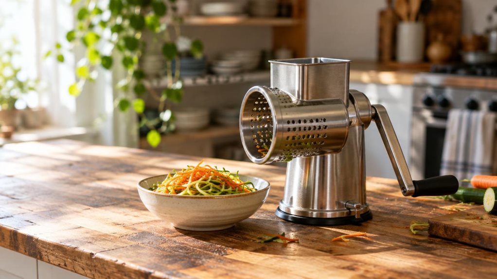 A photograph of a stainless steel julienne mill set resting on a weathered butcher-block countertop in a sunlit kitchen. The mill, with its crank handle and cylindrical drum body, sits beside a small ceramic bowl filled with freshly julienned carrots and zucchini strands, their vibrant orange and green hues catching the light. A few stray vegetable scraps and a wooden cutting board occupy the soft-focus background, alongside a linen kitchen towel draped over an oven handle. M