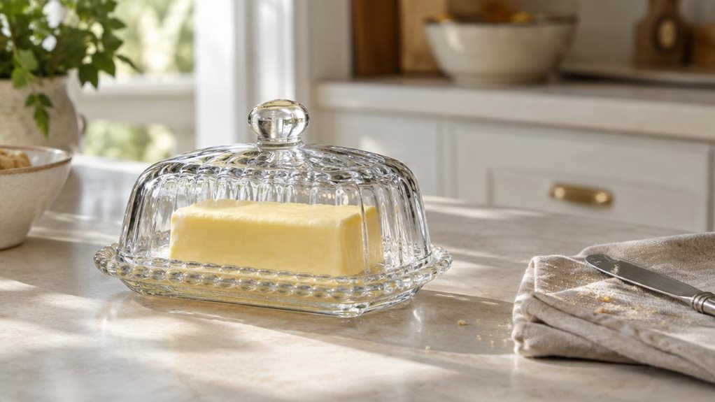 A photograph of a single vintage-style glass butter dish resting on a pale stone countertop in a calm, sunlit kitchen. The dish has a clear, gently textured glass base and a matching domed lid with a small rounded handle; a neat pat of pale yellow butter is visible beneath the glass. Composed horizontally in a 16:9 landscape frame, the dish is the clear hero, placed slightly off-center beside a simple butter knife and a few crumbs on a folded linen napkin. Soft morning light 