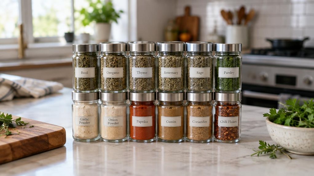 A photograph of a single set of 12 clear glass spice jars arranged neatly on a light kitchen counter, shown in a horizontally composed 16:9 landscape scene. The jars have matching brushed-metal lids and simple, unbranded labels, with colorful spices visible through the glass. They sit beside a wooden cutting board and a small bowl of fresh herbs, naturally at home in a modern, lived-in kitchen. The composition feels candid and observational, as if casually captured with a hig