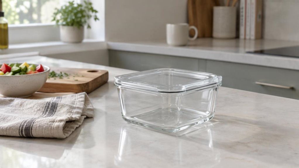 A photograph of a single square glass food container resting on a clean, modern kitchen counter in a softly lit home interior, framed in a horizontal 16:9 landscape composition. The transparent container has a clear lid and simple, minimal lines, placed naturally beside a folded linen dish towel, a wooden cutting board, and a small bowl of fresh chopped vegetables, suggesting everyday meal prep without any visible action. Natural window light spills across the countertop, cre