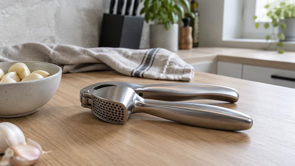 A photograph of a single stainless steel garlic press resting casually on a light oak kitchen countertop, shown in a horizontally composed 16:9 landscape frame. The scene feels like a real home kitchen moment: a modern ceramic bowl of peeled garlic cloves sits nearby, a linen tea towel is loosely draped in the background, and a matte black knife block and pale stone backsplash add a clean Scandinavian aesthetic. The garlic press is centered as the hero object, angled slightly