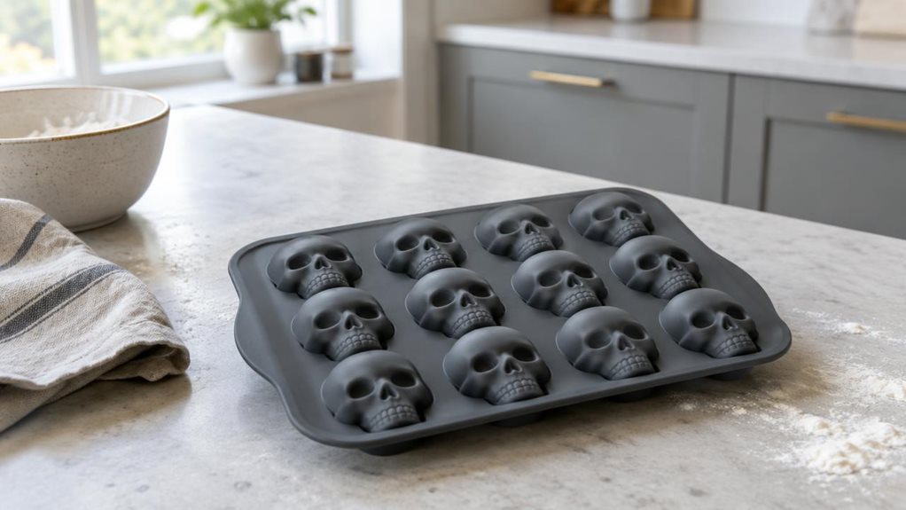 A photograph of a charcoal-gray silicone skull muffin mould resting naturally on a pale stone kitchen counter, composed as a horizontal 16:9 landscape scene. The single mould is the clear hero, its flexible tray and row of small skull-shaped cavities shown in crisp detail, with a few subtle flour traces suggesting an everyday baking space. Nearby, a folded linen tea towel and a simple ceramic bowl sit casually within the frame, while the softly blurred background reveals unde