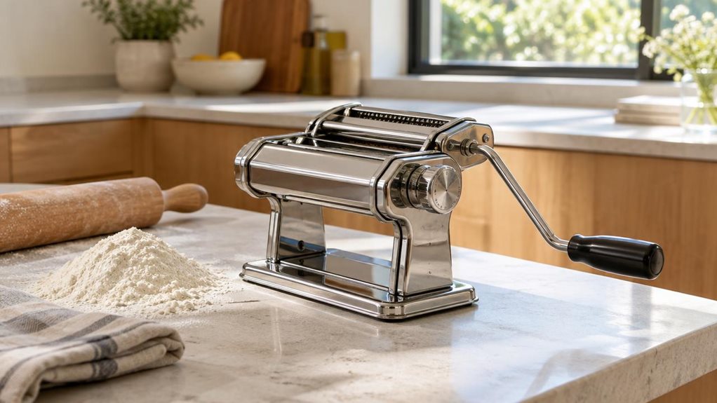 A photograph of a single stainless-steel fresh pasta machine resting on a pale stone kitchen island, composed as a horizontal 16:9 landscape. The compact hand-cranked machine is the clear hero, with its polished rollers, adjustment dial, and gently curved handle rendered in realistic detail. A small mound of flour, a wooden rolling pin, and a folded linen towel sit nearby, suggesting a well-used home kitchen without showing anyone mid-action. In the softly blurred background,