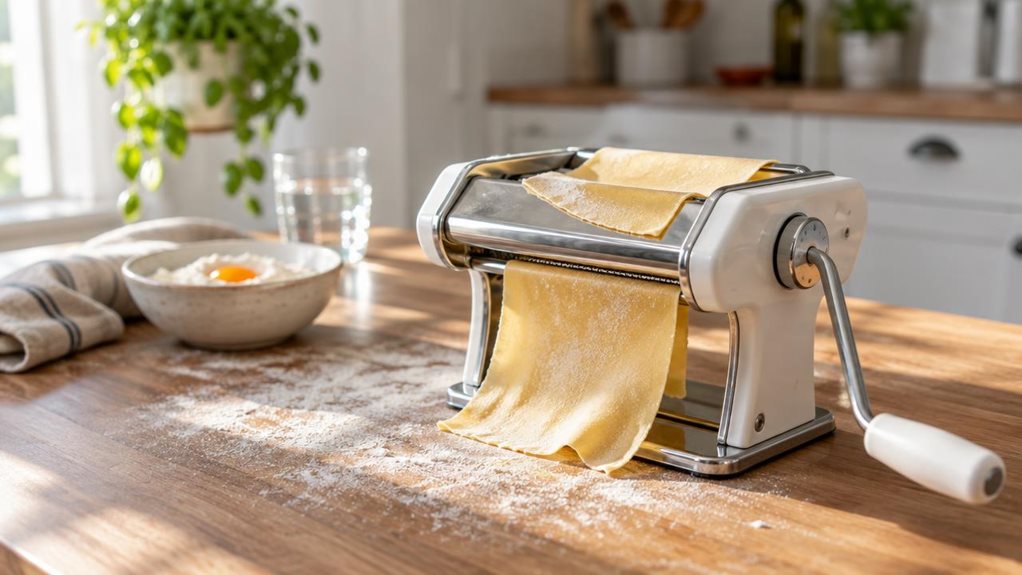 A photograph of a compact stainless steel and white plastic pasta machine resting on a sunlit wooden kitchen countertop, positioned slightly off-center to the right within a wide 16:9 landscape frame. The machine's hand crank is angled toward the camera, catching a warm beam of afternoon light that streams in from a nearby window just out of frame. Beside it, a light dusting of flour spreads across the wood surface, with a few thin sheets of fresh pasta draped loosely over th