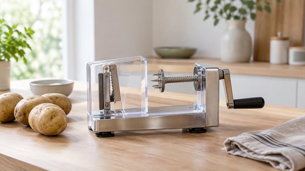 A photograph of a sleek, unbranded potato spiral cutter resting on a light oak kitchen counter in a bright, modern home kitchen, framed in a horizontal 16:9 landscape composition. The compact metal-and-clear-acrylic tool sits naturally beside a few whole potatoes, a small bowl, and a folded linen towel, suggesting everyday use without any staged action. Soft morning daylight streams in from the left, creating gentle highlights on the polished surfaces and subtle shadows acros