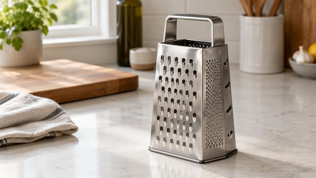 A photograph of a single square stainless steel box grater resting on a clean, pale stone countertop in a modern kitchen, captured in a horizontally composed 16:9 landscape scene. The grater is heroed near the center-right of the frame, standing upright and slightly angled so its four textured sides catch soft daylight from a nearby window. The setting feels candid and lived-in: a wooden cutting board, a folded linen towel, and a few indistinct kitchen items sit quietly in th