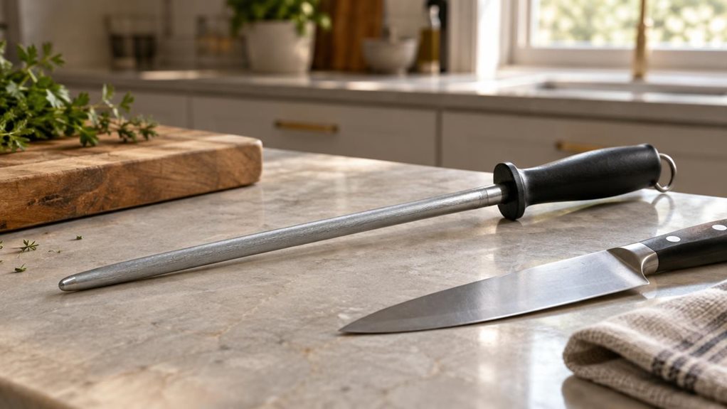 A photograph of a single sharpening rod resting naturally on a pale stone kitchen countertop beside a wooden cutting board. The rod has a long, finely textured steel shaft and a simple dark handle, with realistic brushed-metal highlights and subtle signs of everyday use. A chef’s knife lies nearby, safely set down and not in motion, while a folded linen towel and a few fresh herbs add understated kitchen detail. The scene is horizontally composed in a 16:9 landscape frame, wi