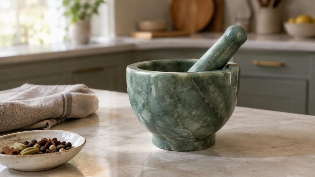 A photograph of a single jade-green stone mortar with its matching pestle, resting naturally on a pale stone kitchen counter in a calm, modern home. The mortar is the clear hero, its rounded bowl and subtly veined, polished surface catching soft window light; the pestle rests inside at a gentle angle. A folded linen cloth and a small dish of whole spices sit nearby, suggesting everyday kitchen use without making the scene feel staged or mid-action. In the softly blurred backg