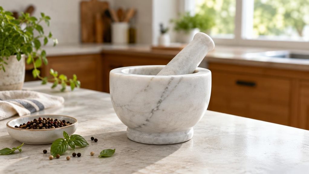 A photograph of a single white marble mortar with its matching pestle resting inside, placed naturally on a pale stone kitchen counter. The product is the clear hero of a horizontally composed 16:9 landscape scene, with subtle gray veining, a smooth rounded bowl, and a solid, tactile finish rendered in lifelike detail. Nearby, a small dish of peppercorns and a few loose herb leaves suggest everyday kitchen use without making the scene feel staged. In the softly blurred backgr