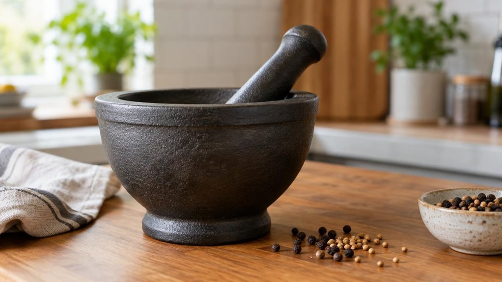 A photograph of a single cast-iron mortar and pestle resting on a warm wooden kitchen counter in a horizontally composed 16:9 landscape scene. The heavy, dark charcoal mortar is the clear hero, its subtly textured surface and sturdy rounded form catching soft natural window light; the pestle rests inside at a relaxed angle. A few whole peppercorns and coriander seeds lie nearby, with a folded linen towel and a small bowl of spices adding quiet kitchen context without clutter.