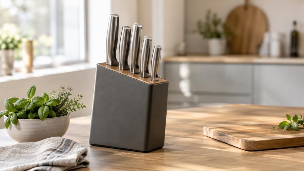 A photograph of a premium stainless-steel knife set displayed naturally on a light oak kitchen counter in a bright, modern home, framed in a horizontal 16:9 landscape composition. The knives sit inside a sleek, minimalist block with clean lines and a matte finish, positioned beside a folded linen tea towel, a ceramic bowl of fresh herbs, and a wooden cutting board to suggest everyday use without any action in progress. Soft morning light streams in from a nearby window, creat