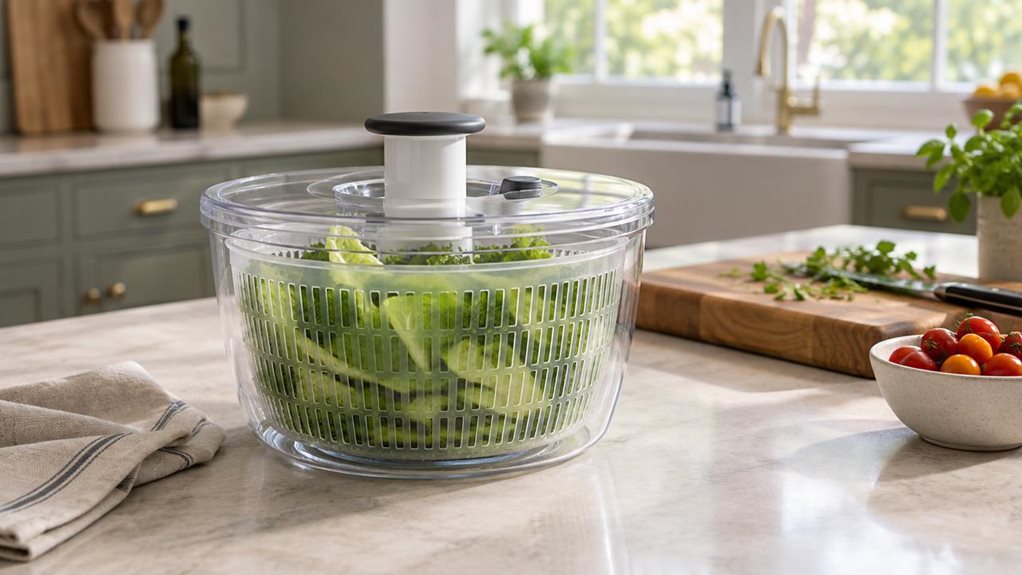 A photograph of a single clear salad spinner resting on a pale stone kitchen island, its transparent bowl revealing crisp lettuce leaves and a few herbs inside. The simple lid and central handle are visible, with no logos or branding. The spinner is the hero of a horizontally composed 16:9 landscape scene, naturally placed beside a folded linen towel, a wooden cutting board, and a small bowl of cherry tomatoes. The kitchen feels lived-in but uncluttered, with muted cabinetry 