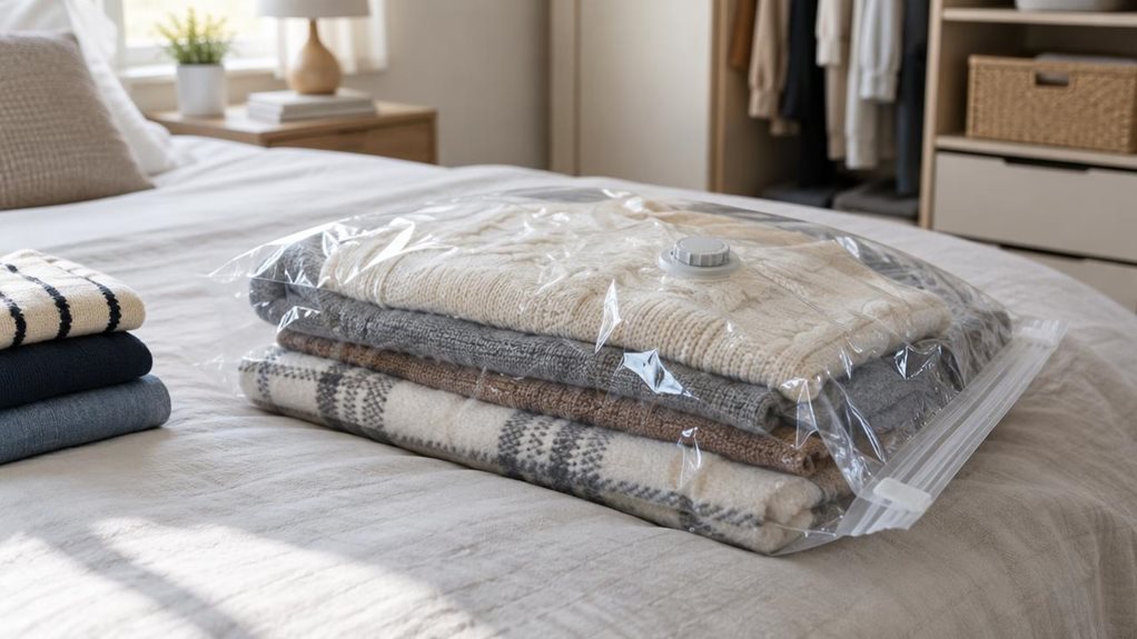A photograph of a single clear no-pump vacuum storage bag resting on a neatly made bed in a calm, modern bedroom, composed horizontally in a 16:9 landscape frame. The bag is filled with folded sweaters and a lightweight blanket, visibly compressed and sealed along its sturdy double-zip closure, with the one-way air valve clearly visible. A few neatly stacked garments sit nearby, suggesting everyday closet organization without distracting from the product. Soft daylight falls 