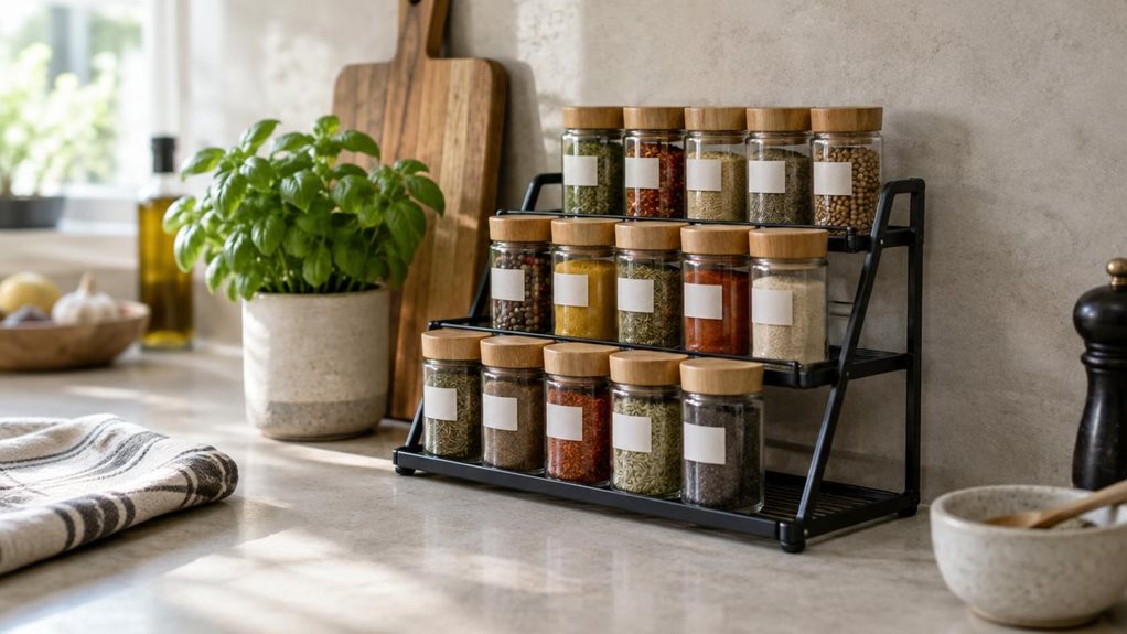 A photograph of a single three-tier spice rack organiser on a kitchen counter, composed horizontally in a 16:9 landscape frame. The rack is the clear hero, naturally placed against a pale stone backsplash beside a wooden chopping board and a small potted herb. Neatly arranged glass spice jars fill its stepped shelves, with varied spices adding subtle warm colors and realistic texture; their labels are plain and unbranded. The scene feels casually observed rather than staged, 