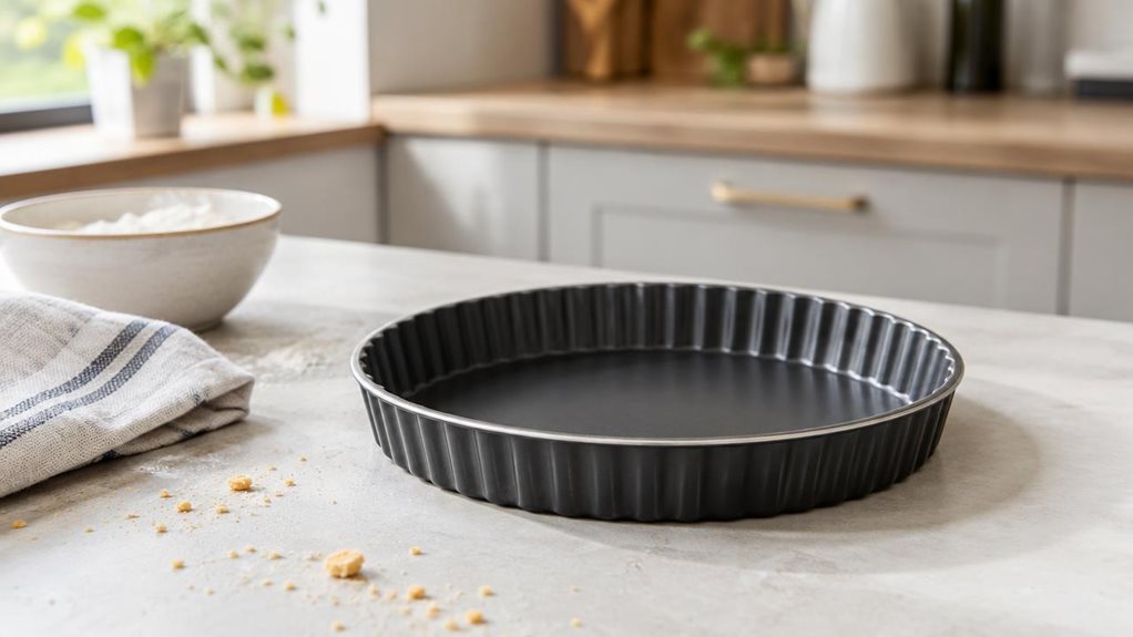 A photograph of a single 22 cm tart tin resting on a pale stone kitchen counter, composed horizontally in a 16:9 landscape frame. The shallow, round tin has a dark nonstick finish, gently fluted sides, and a clean, realistic metal rim; it is empty and positioned as the clear hero of the scene. Nearby, a folded linen tea towel, a small bowl of flour, and a few scattered pastry crumbs suggest a well-used home kitchen without drawing attention from the product. Soft daylight fal
