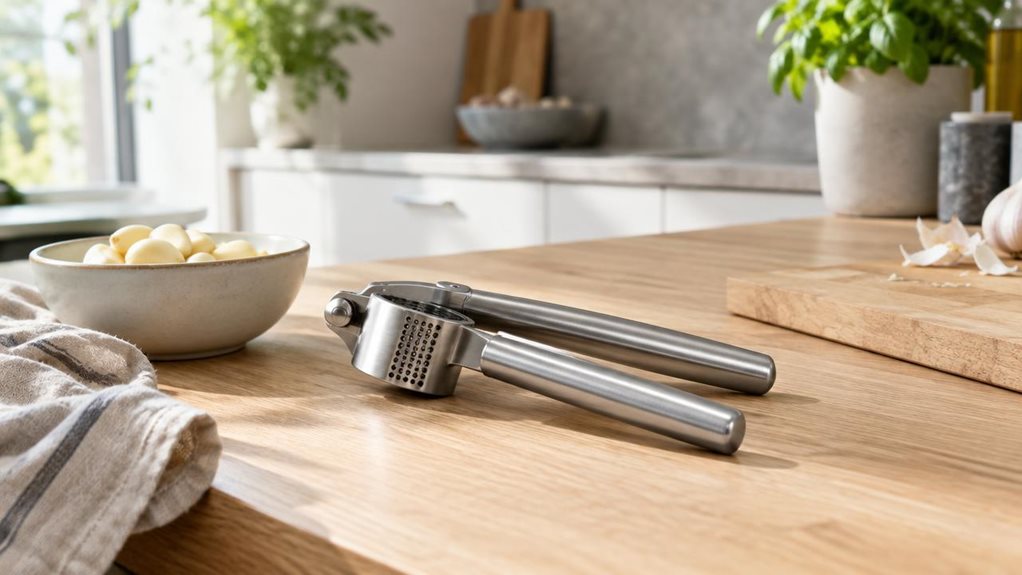 A photograph of a sleek stainless-steel garlic press resting casually on a light oak kitchen countertop in a modern, sunlit home, framed in a horizontal 16:9 landscape composition. The product sits near a ceramic bowl of peeled garlic cloves, a linen tea towel, and a minimalist cutting board, suggesting a quiet cooking moment rather than an action shot. Soft natural morning light streams in from the left, highlighting the brushed metal finish and clean, sculptural lines of th