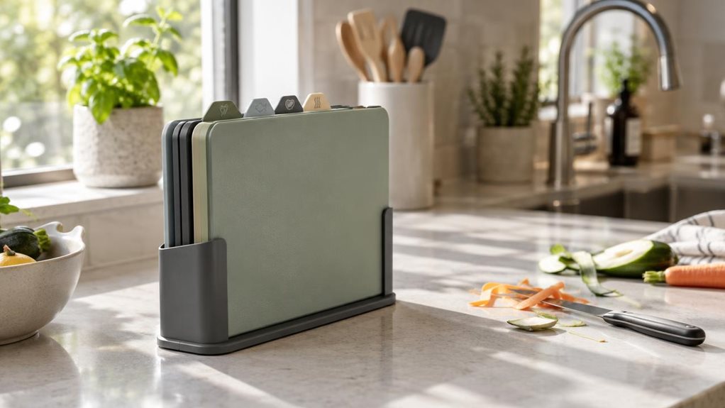 A photograph of a Joseph Joseph Folio chopping board set resting in a slim vertical stand on a quartz kitchen countertop, positioned slightly off-center in a 16:9 landscape frame. The boards, in muted sage green and charcoal gray, display their signature compact folding design, color-coded edges hinting at index tabs for different food groups. Morning sunlight streams in from a nearby window, casting soft, elongated shadows across the counter and highlighting the smooth, matt