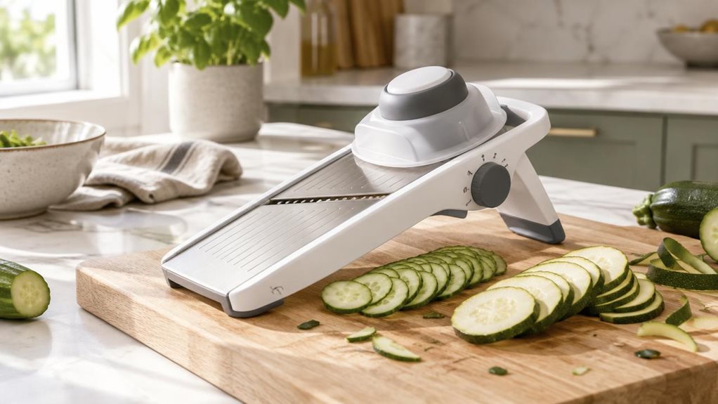 A photograph of a bright, modern kitchen countertop captured in natural daylight, arranged in a horizontal 16:9 composition. The Joseph Joseph-style multi-grip mandolin slicer rests at a slight angle on a light wooden cutting board, its sleek white and stainless steel body showing the adjustable dial and protective hand guard clearly. Thin, uniform slices of cucumber and zucchini are fanned out beside it, evidence of recent use, with a few stray vegetable peels scattered natu