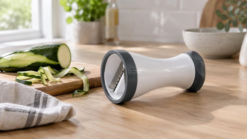 A photograph of a single hand-held spiralizer resting naturally on a light oak kitchen counter in a bright, modern home, framed in a horizontal 16:9 landscape composition. The compact kitchen tool is the clear hero of the scene, placed beside a small cutting board, a partially peeled zucchini, and a linen towel, suggesting everyday use without showing any action. Soft natural daylight streams in from a nearby window, creating gentle highlights on the smooth plastic body and s