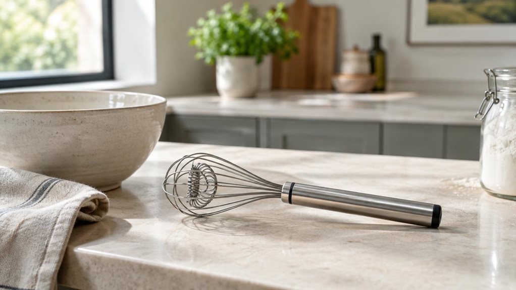 A photograph of a sleek two-in-one twist whisk resting casually on a light stone kitchen counter in a modern, airy home, framed in a horizontal 16:9 landscape composition. The utensil is centered as the hero object, shown in situ beside a ceramic mixing bowl, a folded linen towel, and a small glass jar of flour, suggesting a real cooking space rather than a staged product setup. Soft natural daylight streams in from a nearby window, creating gentle highlights on the polished